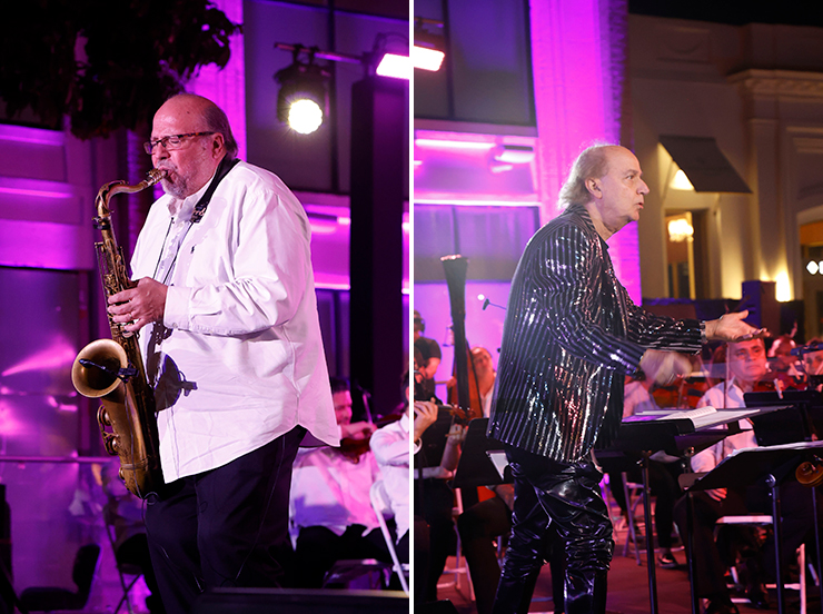 LEFT: Saxophonist Ed Calle, a fixture on Miami's music scene for years joins MISO performing his hit “Strollin.” RIGHT: Conductor Eduardo Marturet. (Photos by Jordan Braun)