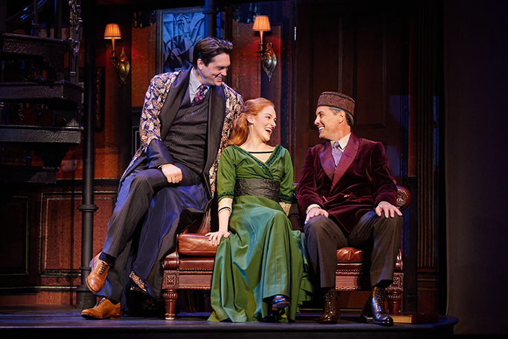 Jonathan Grunert as Professor Henry Higgins, Madeline Powell as Eliza Doolittle and John Adkison as Colonel Pickering in