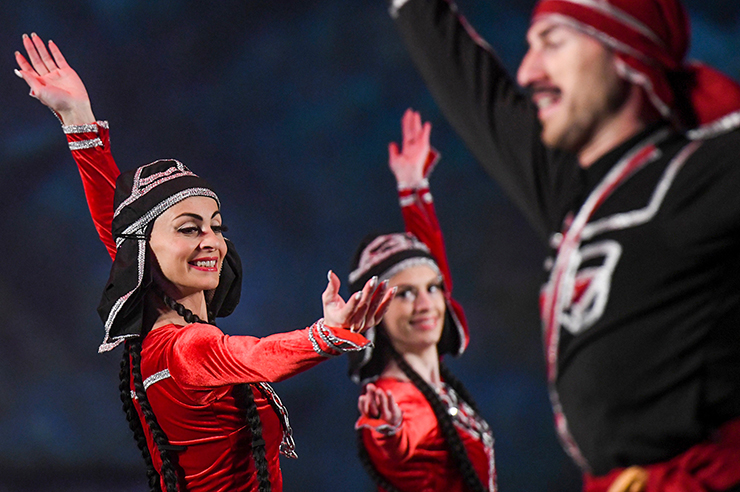 Maia Kiknadze, Ketevan Chikladze, Akaki Kvitatiani in Adjarian Dance. (Photo courtesy of Royal National Dance Company)