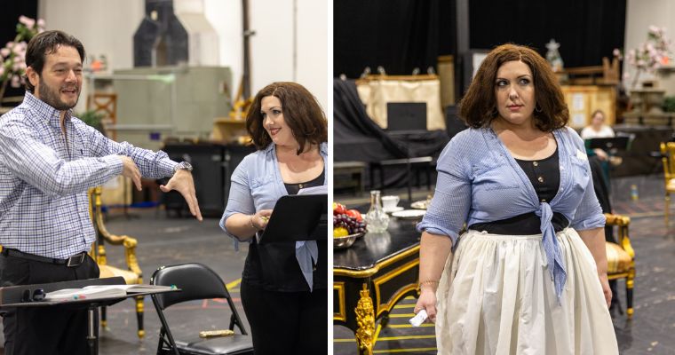 Playing Mario Cavaradossi is Arturo Chacon-Cruz seen in rehearsal with Toni Marie Palmertree as Tosca. (Photo courtesy of Eric Joannes)