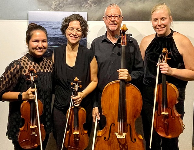 Sheena Gutierrez, Karen Lord Powell, Michael Andrews and Angela Kratchmer, of the South Beach Chamber Ensemble at a performance at The Betsy Hotel. (Photo courtesy of South Beach Chamber Ensemble)