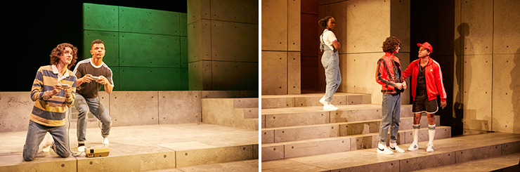 LEFT: Joshua Hernandez and Xavier Edward King. RIGHT: Sydney Presendieu, Joshua Hernandez, and Dylan Rogers in the world premiere of Miami New Drama's