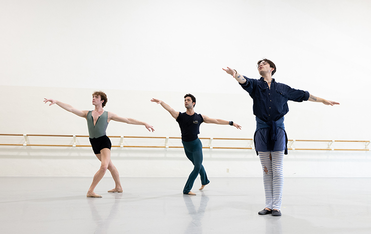 Jordan Martinez, Alexander Kaden, and Durante Verzola rehearsing Sentimiento. Choreography by Durante Verzola. (Photo by Alexander Iziliaev)