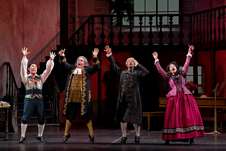 Figaro (Young-Kwang Yoo), Don Basilio (Rafael Porto), Count Almaviva (Michele Angelini), and Rosina (Stephanie Doche) find themselves reeling with confusion. (Photo by Daniel Azoulay). (Photo by Daniel Azoulay)