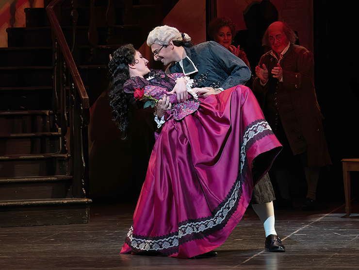 Rosina and Almaviva, disguised as a music teacher, share an intimate moment. (Stephanie Doche and Michele Angelini).

(Photo by Daniel Azoulay)