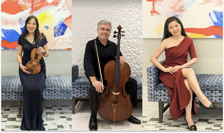 Three musicians from the South Florida Symphony Orchestra, violinist Huifang Chen, cellist Christopher Glandsdorp and pianist Catherine Lan, team up for