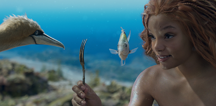 Scuttle (voiced by Awkwafina), Flounder (voiced by Jacob Tremblay) and Ariel (Halle Bailey) in a scene from