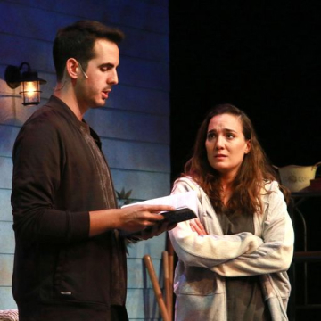 A troubled Catherine (Jessica Sanford) speaks with Hal (Daniel Llaca). (Photo by Alberto Romeu)