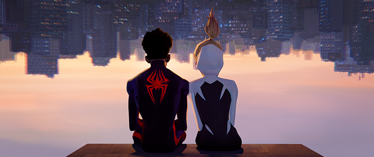 Miles Morales (voiced by Shameik Moore) and Gwen Stacy (voiced by Hailee Steinfeld) in a scene from 