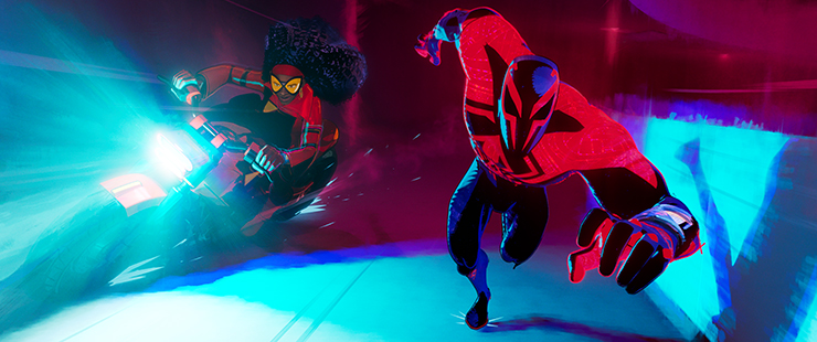 Jessica Drew (voiced by Issa Rae) and Miguel O'Hara (voiced by Oscar Isaac) in a scene from 
