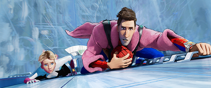 Gwen Stacy (voiced by Hailee Steinfeld), Peter B. Parker (voiced by Jake Johnson) in a scene from 