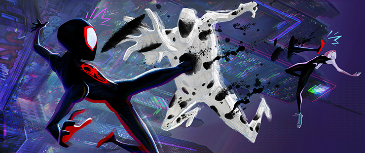 Miles Morales (voiced by Shameik Moore), The Spot (voiced by Jason Schwartzman) and Gwen Stacy (voiced by Hailee Steinfeld) in a scene from 