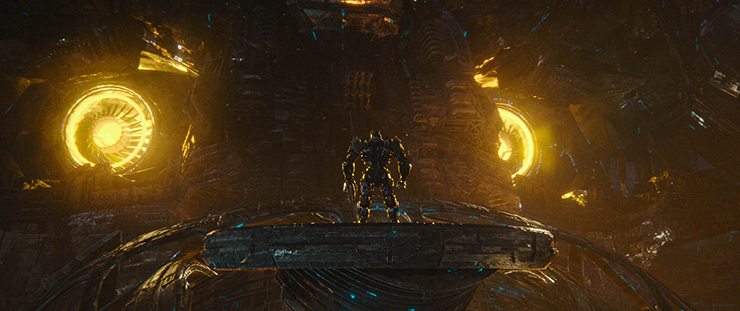 Unicron (voiced by Colman Domingo) and Scourge (voiced by Peter Dinklage) in a scene from 