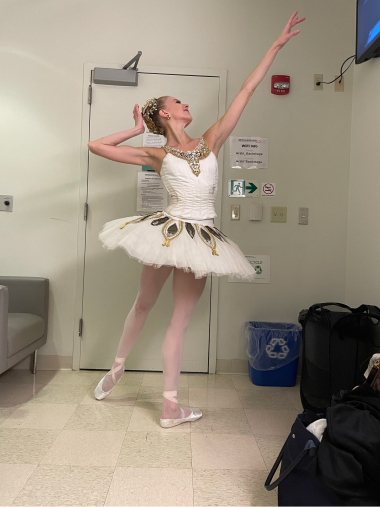 Dawn Atkins in the dressing room wearing