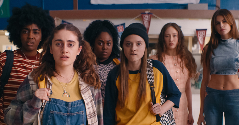 Ayo Edebiri as Josie, Rachel Sennott as PJ, Zamani Wilder as Annie, Summer Joy Campbell as Sylvie, Havana Rose Liu as Isabel and Kaia Gerber as Brittany in a scene from
