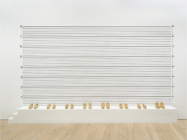 Gary Simmons. Lineup, 1993. Screen print with gold-plated basketball shoes 114 x 216 x 18 in. Whitney Museum of American Art, New York; purchase, with funds from the Brown Foundation, Inc., © Gary Simmons (Photo: Ron Amstutz).