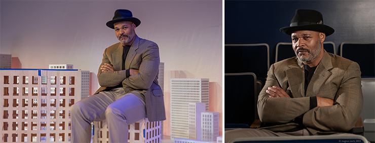 LEFT: Actor Melvin Huffnagle as August Wilson sits atop a scale model off Pittsburgh in
