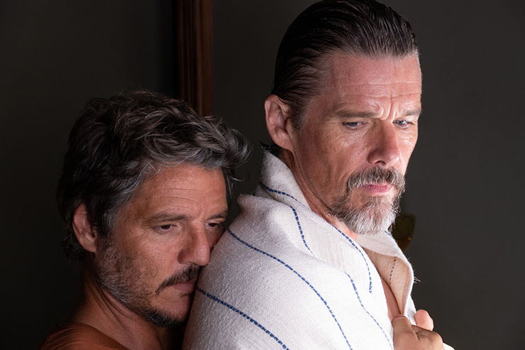 Pedro Pascal as Silva and Ethan Hawke as Jake in a scene from