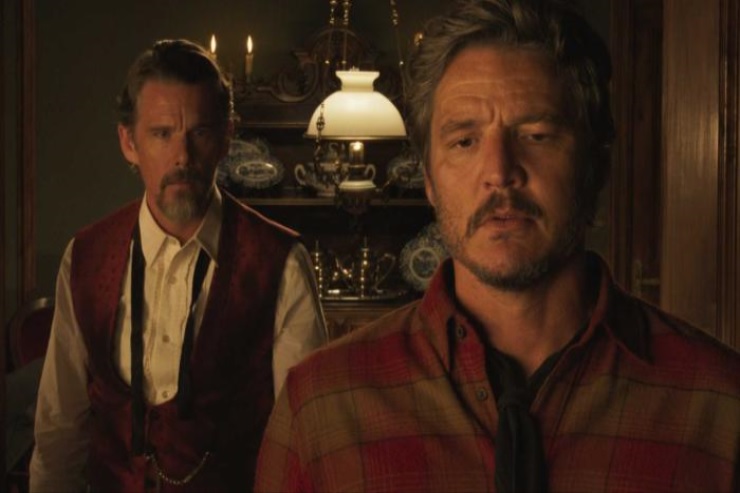 Pedro Almodóvar's second English-language short film pits Ethan Hawke opposite Pedro Pascal as exes who may or may not be on opposing sides of the law. (Photo credit: El Deseo/Iglesias Mas.Courtesy of Sony Pictures Classics)