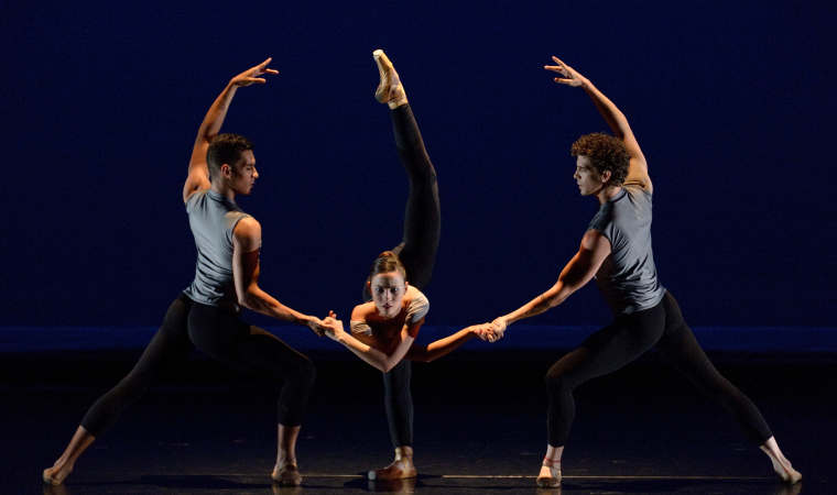 From Left to Right, Dancers Josue Justiz, Gabriela Mesa, Fabian Morales, at Dimensions Dance Theater of Miami, Esferas (Photo credit by Simon Soong)
