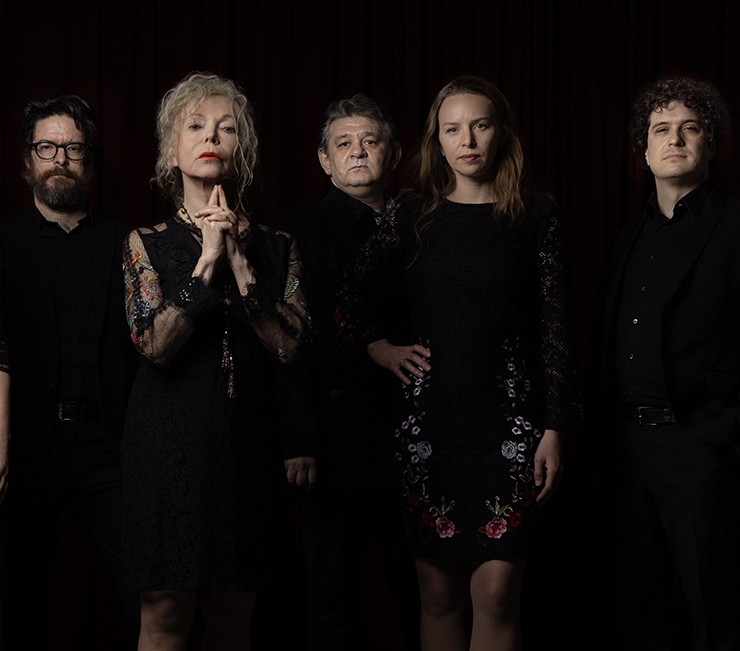 From Left to Right, Musicians Joseph Phillips, singer Lenka Lichtenberg, Robert Horvath, Rebekah Wolkstein, Drew Jurecka. Horvath, Jurecka, Phillips and Wolkstein perform as Payadora Tange Ensemble. (Photo credit by Peter Yuan.)