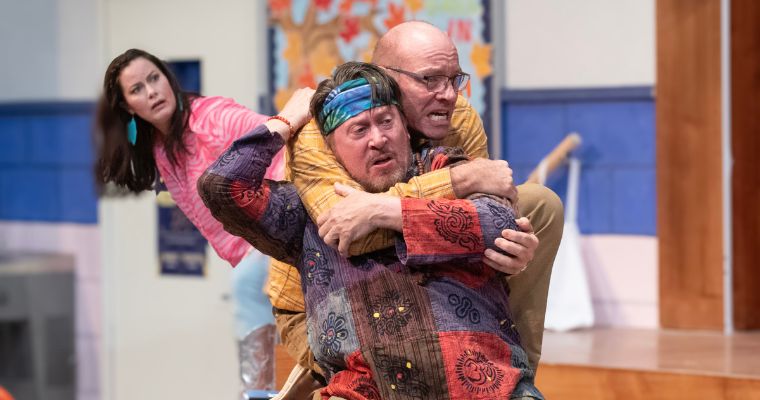 Anna Lise Jensen as Alicia is horrified as Tom Wahl as Caden chokes Stephen G. Anthony as Jaxton, in “The Thanksgiving Play” at GableStage in the Biltmore Hotel, Coral Gables, through Sunday, Dec. 10. (Photo by Magnus Stark)