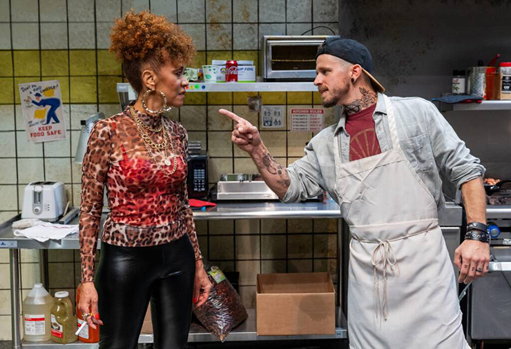 Karen Stephens as Clyde and Kristian Bikic as an angry Jason in Zoetic Stage's