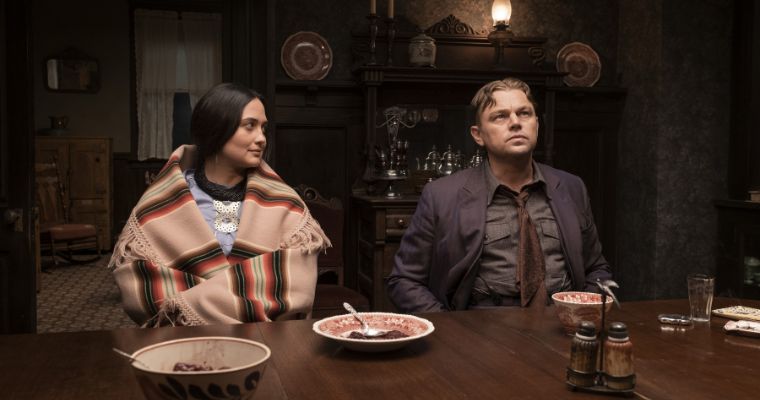 Lily Gladstone as Mollie Burkhart and Leonardo DiCaprio as Ernest Burkhart in a scene from