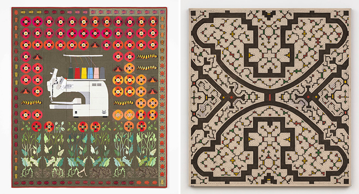LEFT: Embroidered quilts by Daniel Dewar & Gregory Gicquel / RIGHT: Indigenous weavings by Sarah Flores