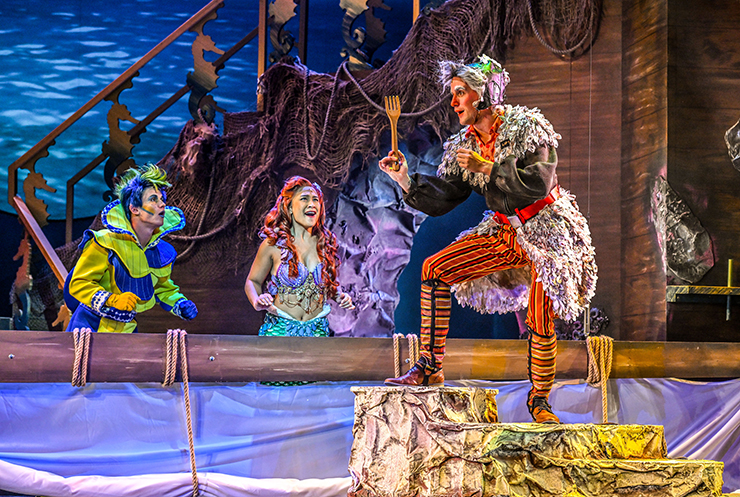 Flounder (Kyle Kemph), Ariel (Melanie Fernandez) and Scuttle (Rodney Holmes) appear in a scene from Slow Burn's production of 