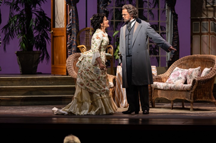 Cecilia Violetta López as Violetta and Troy Cook as Georgio Germont in Florida Grand Opera's production of “La Traviata” with performances in Miami and Fort Lauderdale at the Adrienne Arsht Center and at the Broward Center for the Performing Arts.