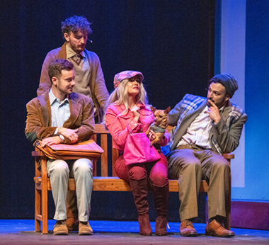 Becca Andrews as Elle Woods holds Cha Cha as her pet, Bruiser, while from left are: Stephen Christopher Anthony, A.J. Cola, and Diego Klock-Perez.