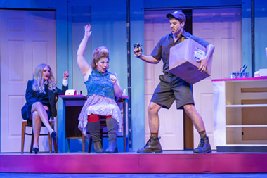 Becca Andrews as Elle Woods and Heather Jane Rolff's Paulette with Diego Klock Perez as Kyle the UPS guy.