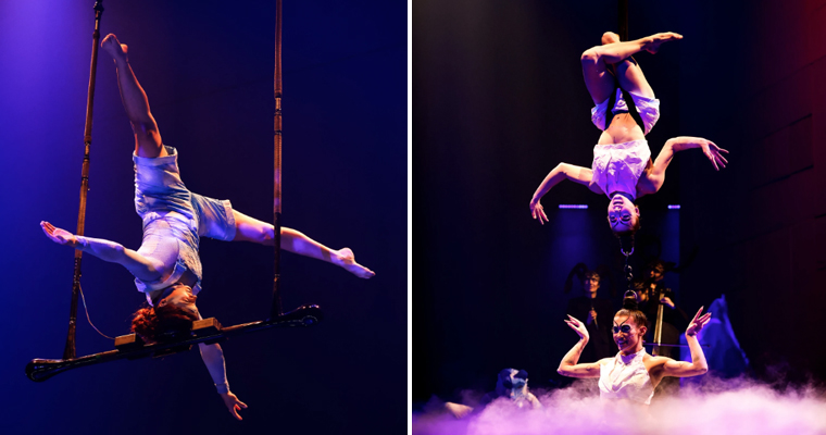 Left, Fireflies, and right, FUTURE, the main character, a master of the Washington trapeze soaring above the stage, all part of Cirque's ECHO coming for an extended run to South Florida.