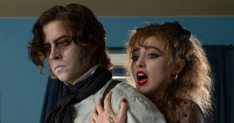 Cole Sprouse as The Creature and Kathryn Newton as Lisa Swallows in a scene from 