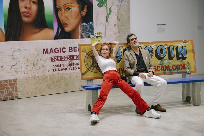Marjery Lowe in costumer Olatz Zanguitu and Saul Mendoza's bright red pants against Los Angeles painter Alfonso Gonzalez Jr.'s 