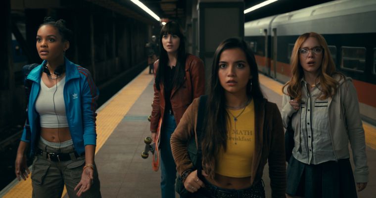 Celeste O'Connor as Mattie Franklin, Dakota Johnson as Cassandra Webb, Isabela Merced as Anya Corazon and Sydney Sweeney as Julia Cornwall in a scene from 