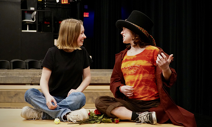 Hallie Walker and Staci Stout share a moment during rehearsal for ASC's production of 