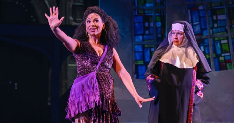 The Mother Superior (Paulette Oliva) looks on in disbelief as Deloris Van Cartier (Madi Jo John) expresses herself.