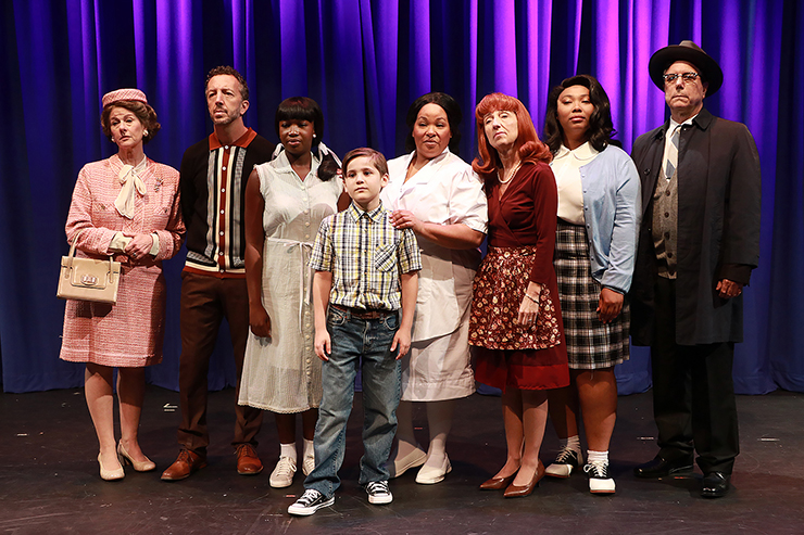 Patti Gardner, Brian Golub, Cassidy Joseph, Franco Kiglies, Kareema Khouri, Jeni Hacker, Annaya Charlicia and Peter Tedeschi in Caroline, or Change at Actors' Playhouse at the Miracle Theatre. (Photo by Alberto Romeu)