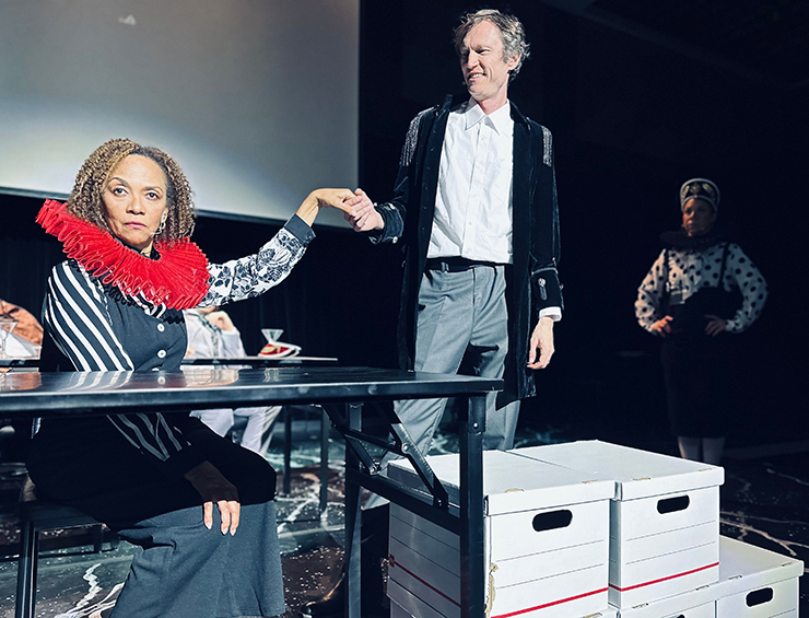 Karen Stephens with Noah Levine as Melissa Ann Hubicsak looks on in Thinking Cap Theatre's reimagining of William Shakespeare's