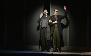 The three actors play more than 50 roles: At left, James Zannelli as the divorcee and Mark H. Dold as Bobby Lehman. (Photo by Magnus Stark)