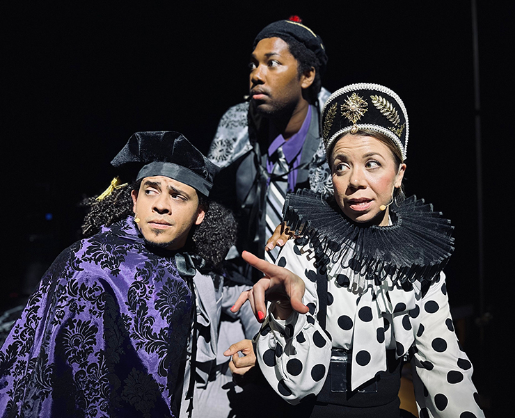 Phillip Andrew Santiago as Lucentio, Cameron Holder as Tranio, and Melissa Ann Hubicsak as Bianco in Thinking Cap Theatre's