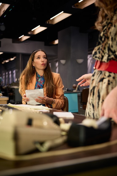 Roderick Rangle and Caitlin Clouthier are visited by a testy Rene Granado in the Miami Herald newsroom in Miami New Drama's world premiere production of 
