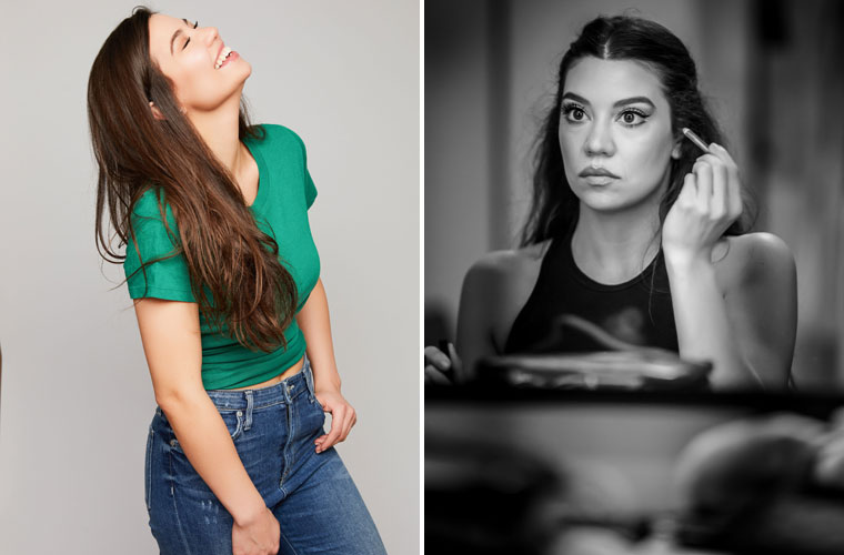 LEFT: Singer Melanie Sierra. RIGHT: Singer Melanie Sierra applies makeup as