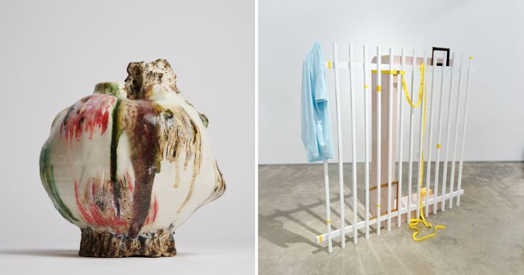 At Mindy Solomon Gallery, At left, Jane Yang-D_Haene, Untitled XII, 2024, stoneware, porcelain, glaze, 11.5 x 11 x 11. Photographed by James Lowe; At right, Leyden Rodriguez-Casanova, Gate Composition (Contingent), '24, Aluminum, enamel, particle board, laminate, MDF, PVC, cotton fabric, scouring pads, sponges, tape, 72 x 72 x 14.