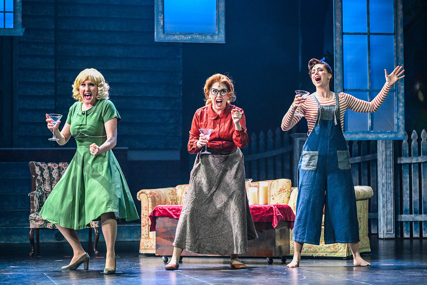 The witches express themselves with intensity. Pictured from left are Lindsey Corey as Sukie, Gail Bennett as Alexandra and Leah Sessa as Jane in Slow Burn Theatre's