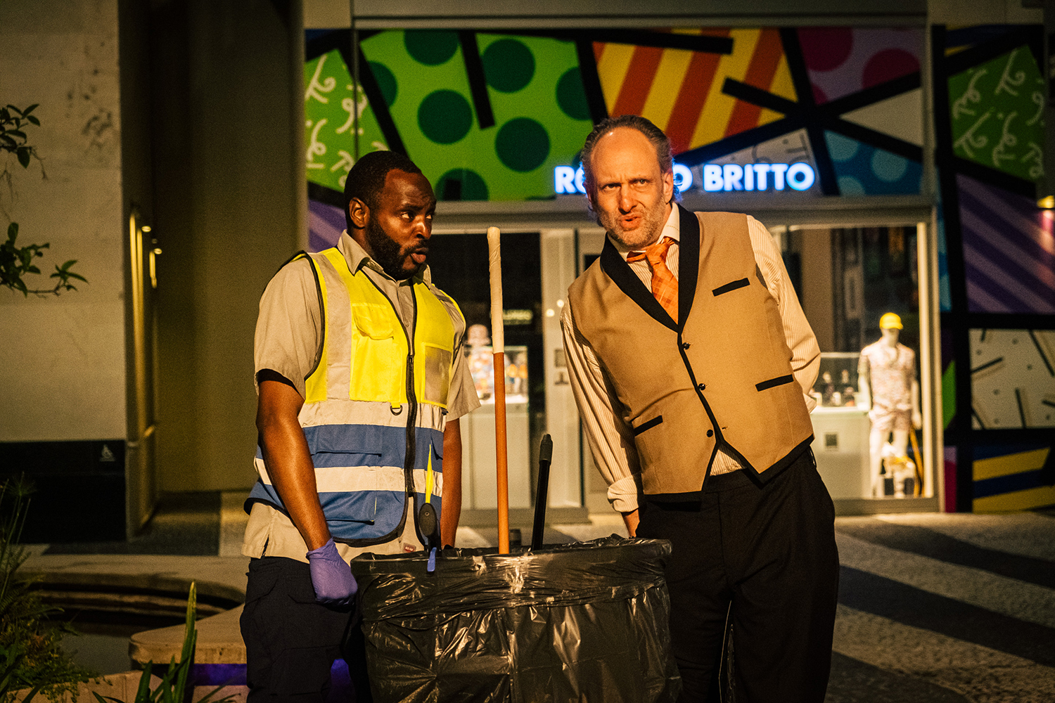 Jovon Jacobs and Gregg Weiner in a scene on Lincoln Road in Miami New Drama's immersive
