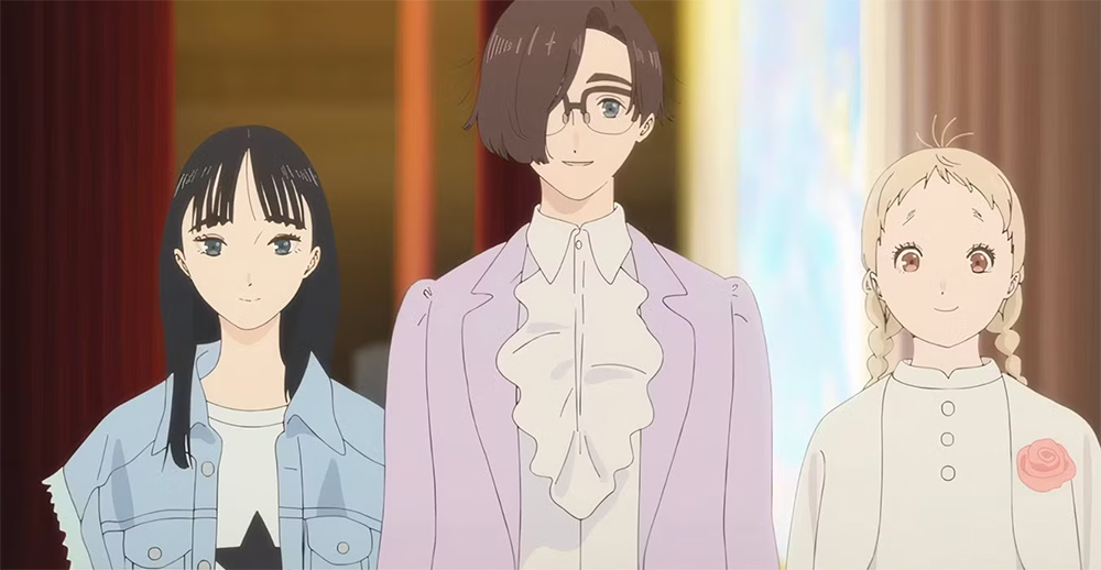 Akari Takaishi and Kylie McNeill voice Kimi Sakunaga, Taisei Kido and Eddy Lee voice Rui Kagehira, and Sayu Suzukawa and Libby Rue voice Totsuko Higurashi in a scene from