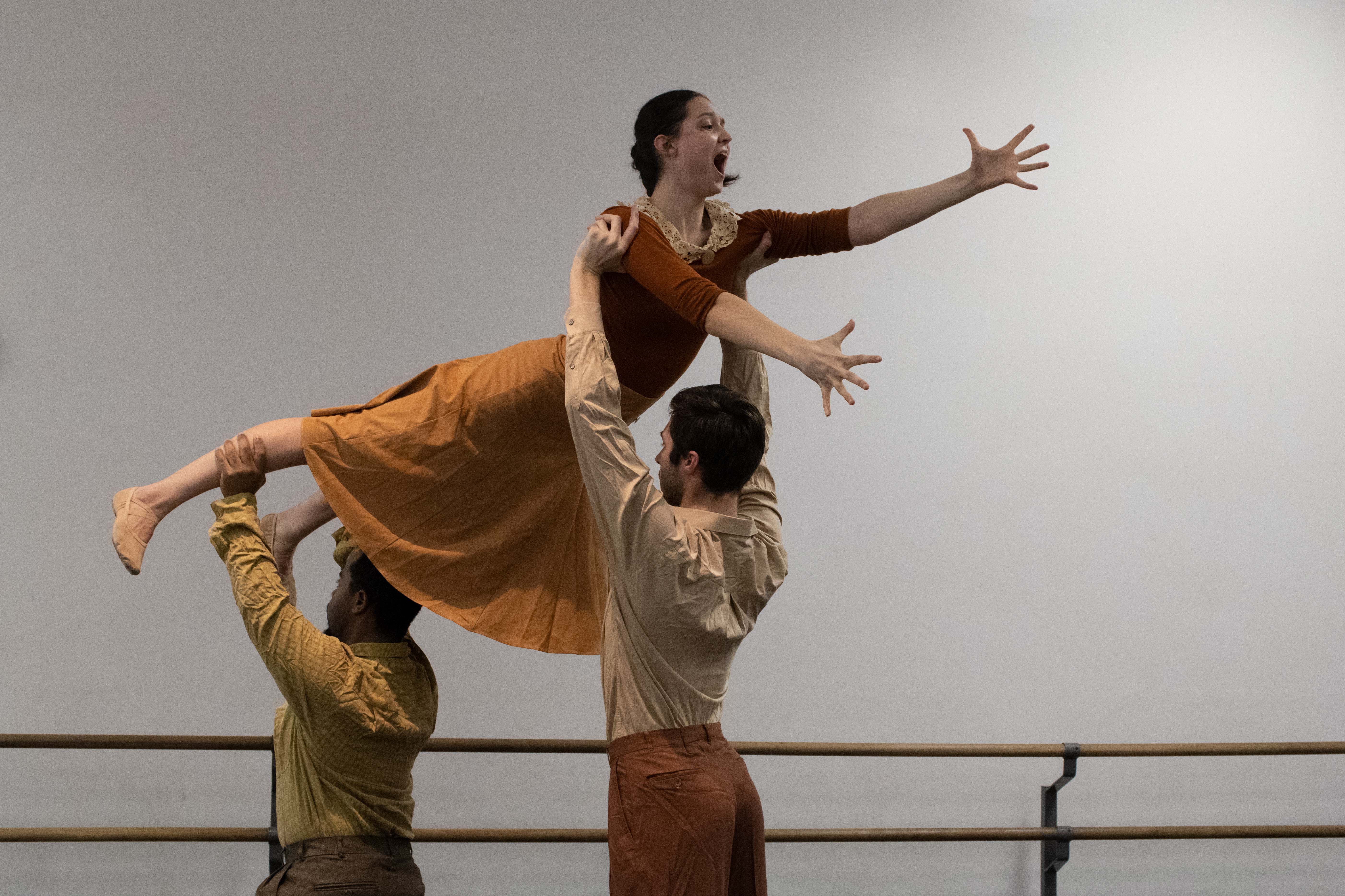 The dancers of Dance NOW! Miami (DNM), from left, Austin Duclos, Alexander Campbell and Anni Browne in rehearsal for “Blue Pencil.” (Photo by Sophia Pfitzenmaier courtesy of DNM)